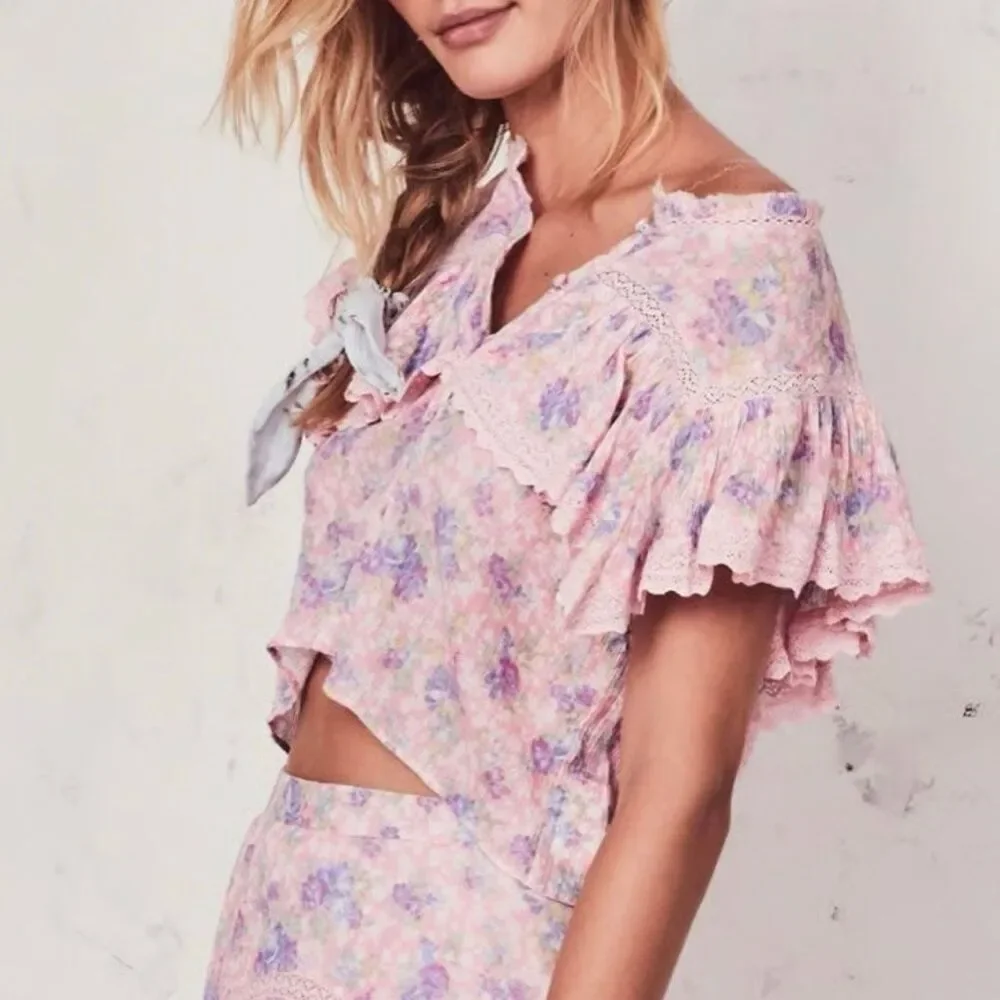 LOVESHACKFANCY Lanya Cherry Top Large Ruffle White Pink Embroidered Pink Tuscany